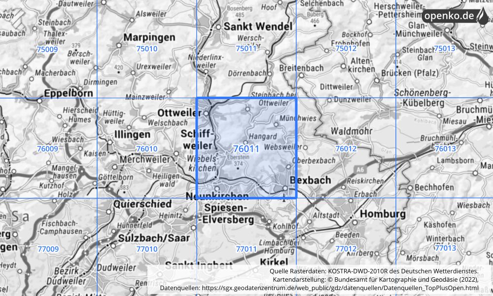 Übersichtskarte KOSTRA-DWD-2010R Rasterfeld Nr. 76011 mit angrenzenden Feldern