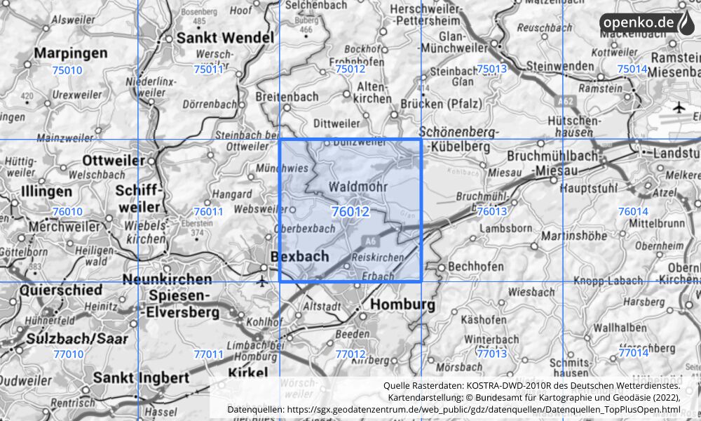 Übersichtskarte KOSTRA-DWD-2010R Rasterfeld Nr. 76012 mit angrenzenden Feldern