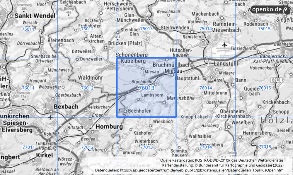 Übersichtskarte KOSTRA-DWD-2010R Rasterfeld Nr. 76013 mit angrenzenden Feldern