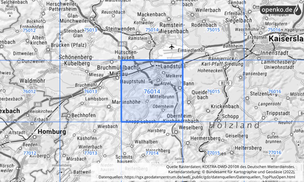 Übersichtskarte KOSTRA-DWD-2010R Rasterfeld Nr. 76014 mit angrenzenden Feldern