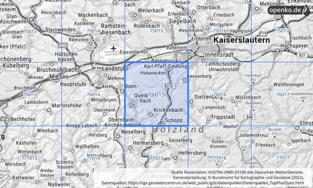 Übersichtskarte KOSTRA-DWD-2010R Rasterfeld Nr. 76015 mit angrenzenden Feldern