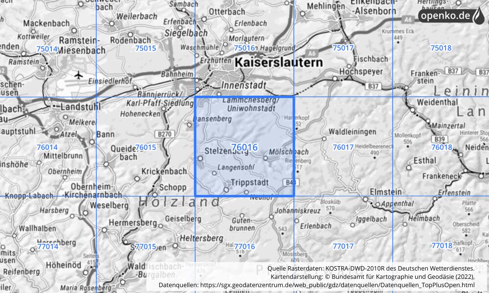 Übersichtskarte KOSTRA-DWD-2010R Rasterfeld Nr. 76016 mit angrenzenden Feldern