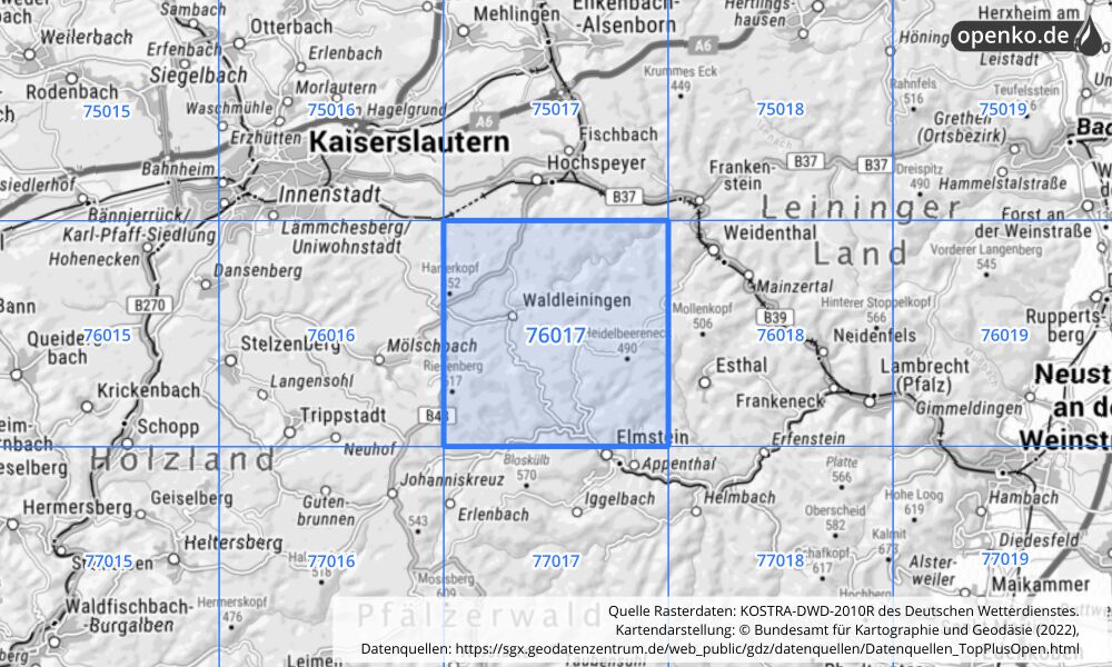 Übersichtskarte KOSTRA-DWD-2010R Rasterfeld Nr. 76017 mit angrenzenden Feldern