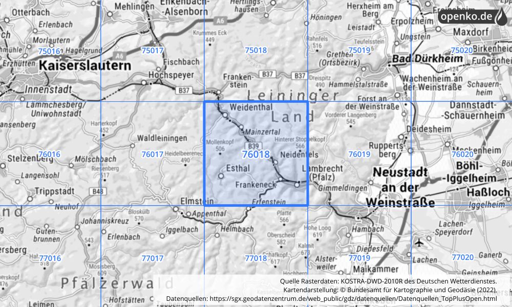 Übersichtskarte KOSTRA-DWD-2010R Rasterfeld Nr. 76018 mit angrenzenden Feldern