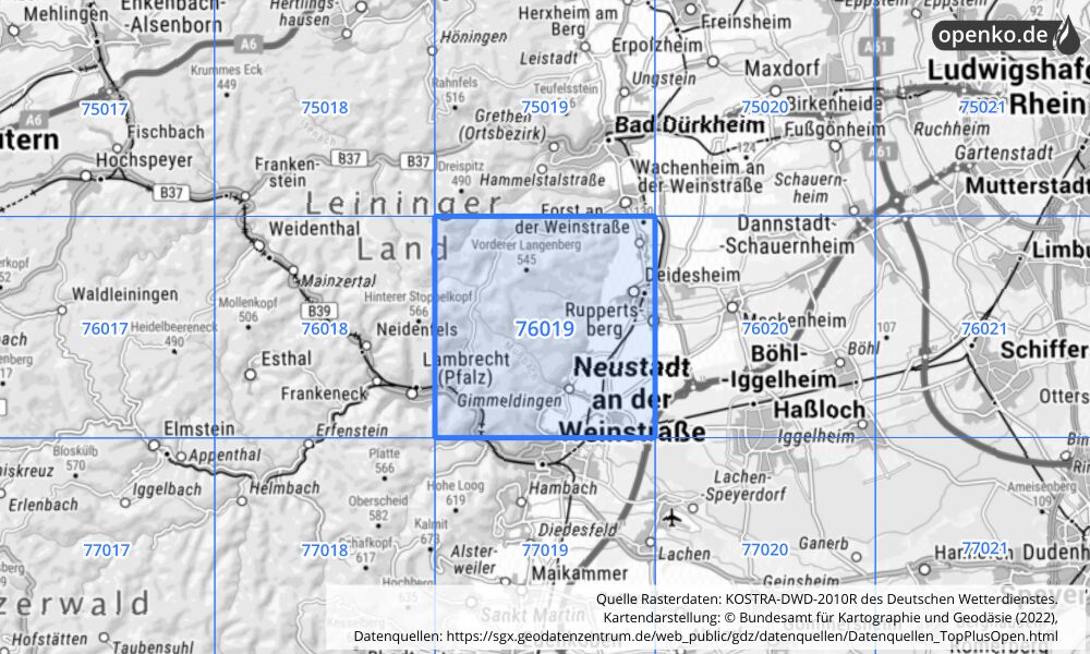 Übersichtskarte KOSTRA-DWD-2010R Rasterfeld Nr. 76019 mit angrenzenden Feldern