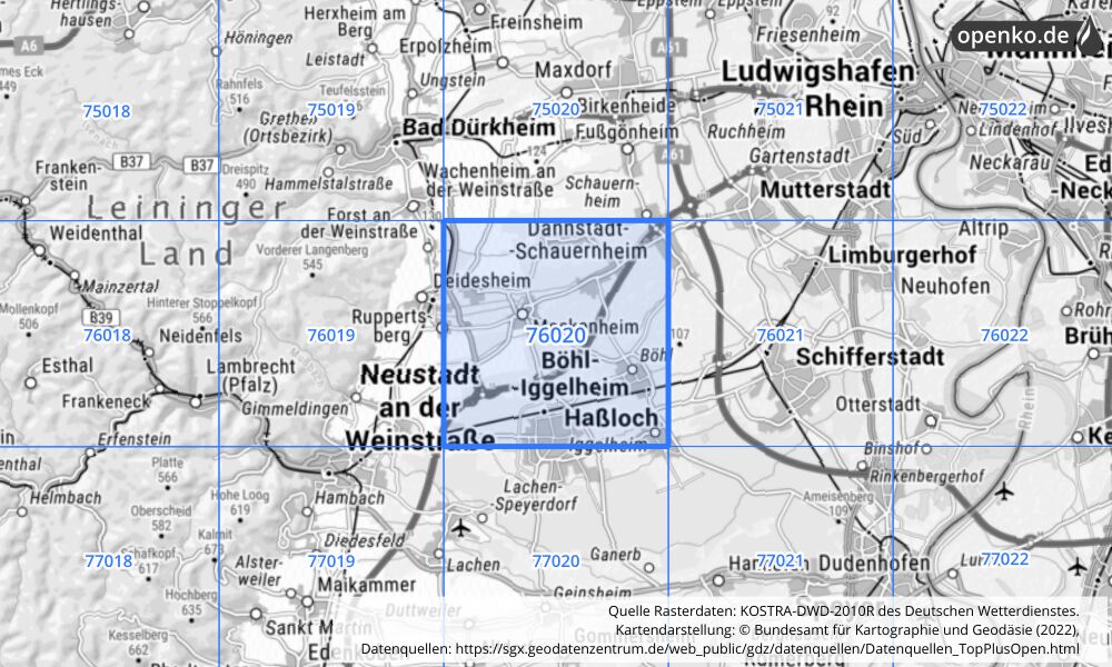 Übersichtskarte KOSTRA-DWD-2010R Rasterfeld Nr. 76020 mit angrenzenden Feldern