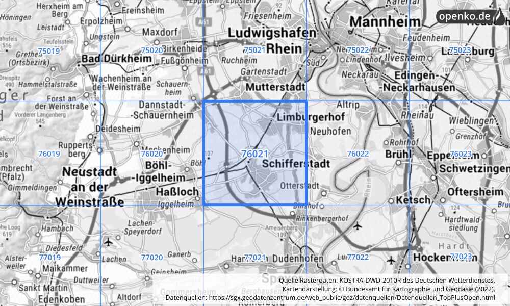 Übersichtskarte KOSTRA-DWD-2010R Rasterfeld Nr. 76021 mit angrenzenden Feldern