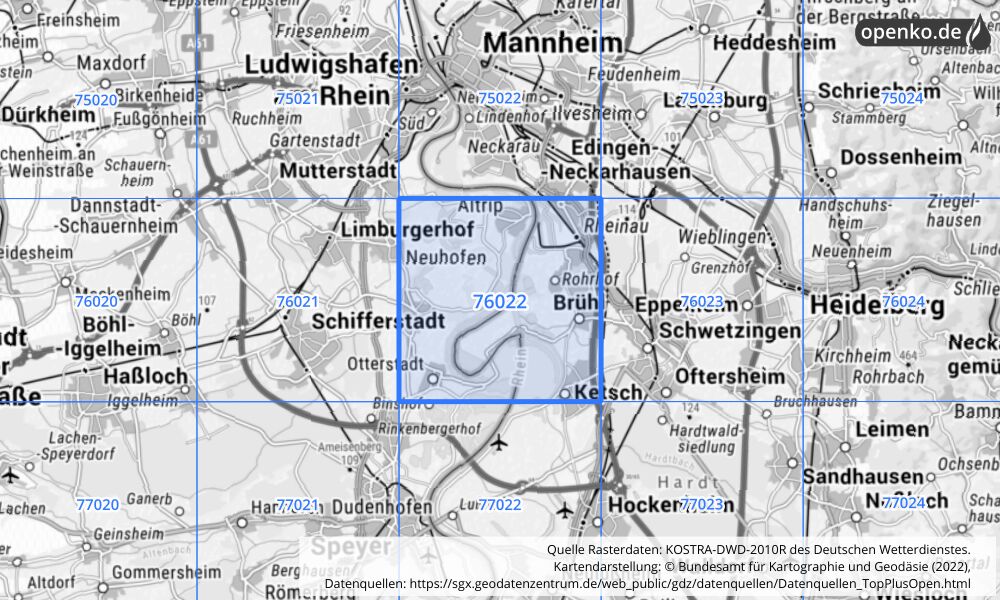 Übersichtskarte KOSTRA-DWD-2010R Rasterfeld Nr. 76022 mit angrenzenden Feldern