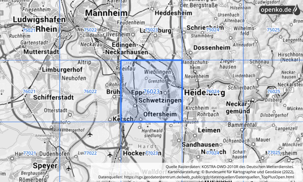 Übersichtskarte KOSTRA-DWD-2010R Rasterfeld Nr. 76023 mit angrenzenden Feldern