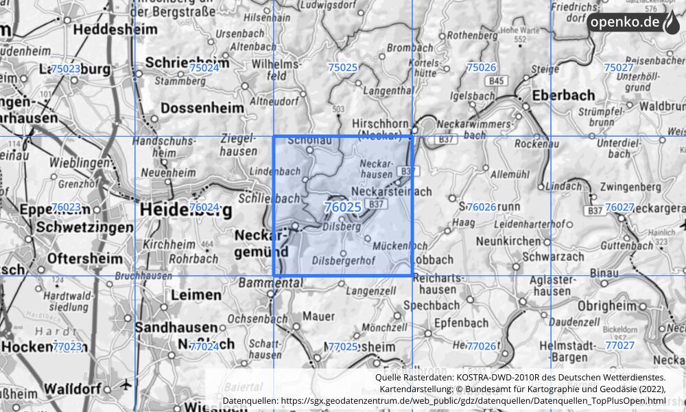 Übersichtskarte KOSTRA-DWD-2010R Rasterfeld Nr. 76025 mit angrenzenden Feldern