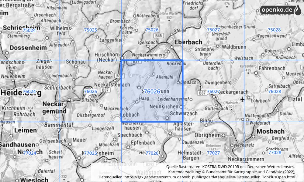 Übersichtskarte KOSTRA-DWD-2010R Rasterfeld Nr. 76026 mit angrenzenden Feldern