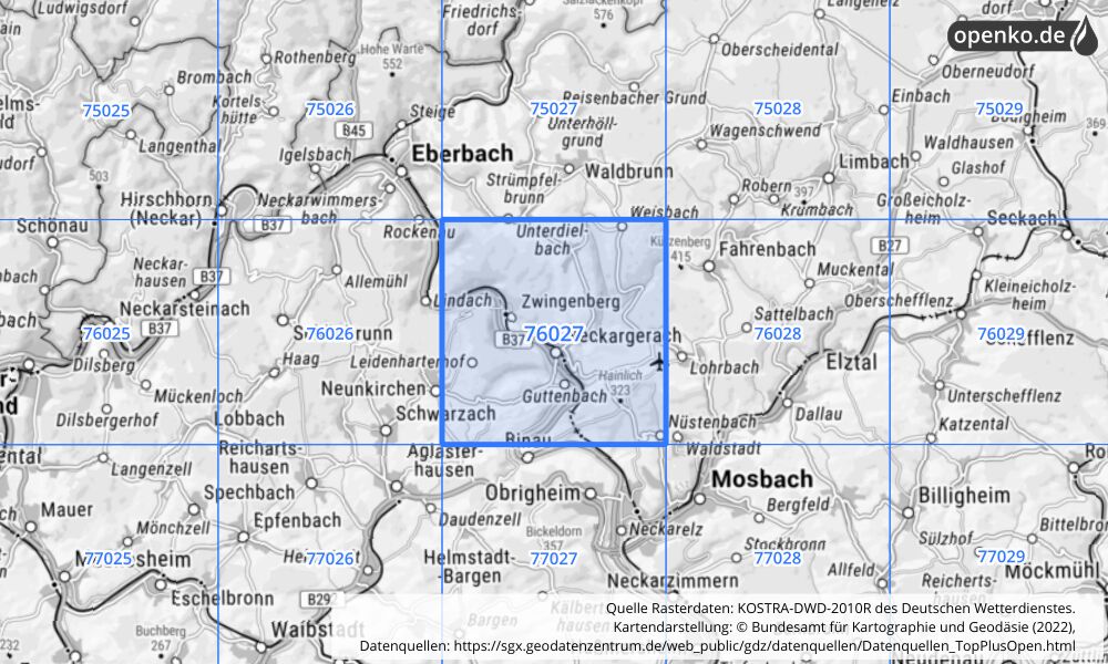 Übersichtskarte KOSTRA-DWD-2010R Rasterfeld Nr. 76027 mit angrenzenden Feldern