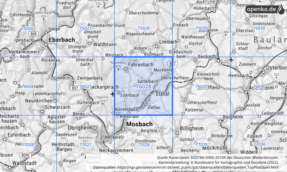 Übersichtskarte KOSTRA-DWD-2010R Rasterfeld Nr. 76028 mit angrenzenden Feldern