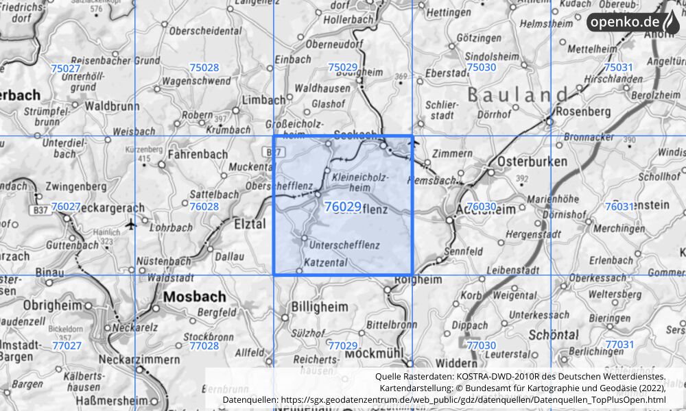 Übersichtskarte KOSTRA-DWD-2010R Rasterfeld Nr. 76029 mit angrenzenden Feldern