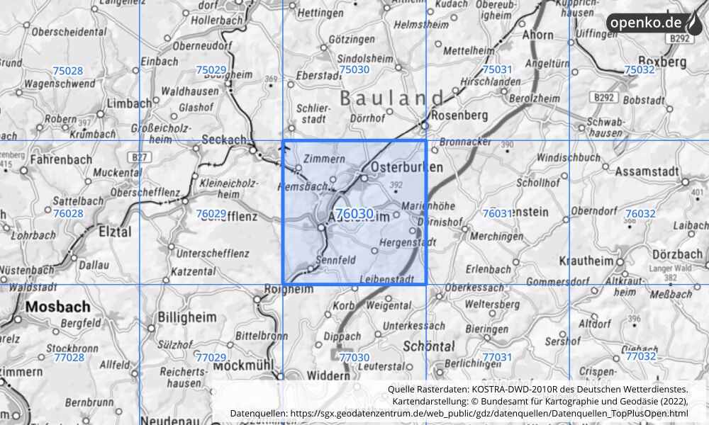 Übersichtskarte KOSTRA-DWD-2010R Rasterfeld Nr. 76030 mit angrenzenden Feldern