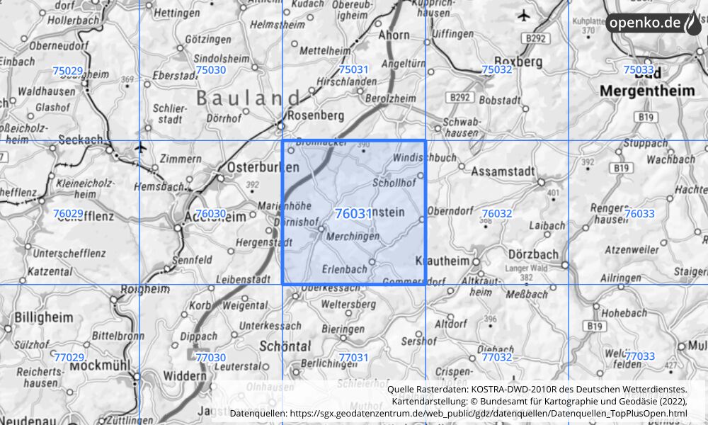 Übersichtskarte KOSTRA-DWD-2010R Rasterfeld Nr. 76031 mit angrenzenden Feldern