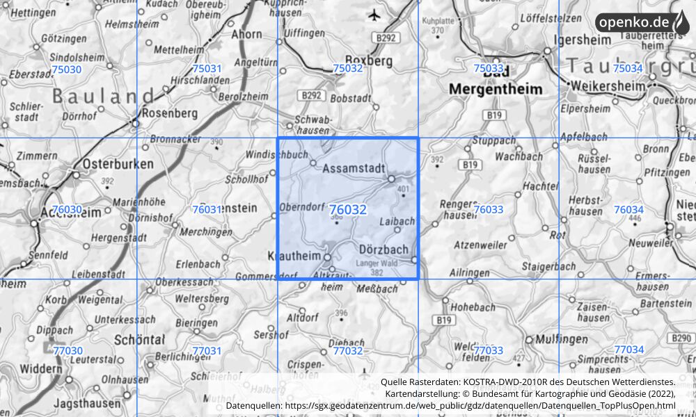 Übersichtskarte KOSTRA-DWD-2010R Rasterfeld Nr. 76032 mit angrenzenden Feldern