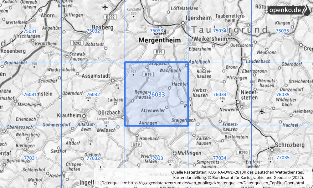 Übersichtskarte KOSTRA-DWD-2010R Rasterfeld Nr. 76033 mit angrenzenden Feldern