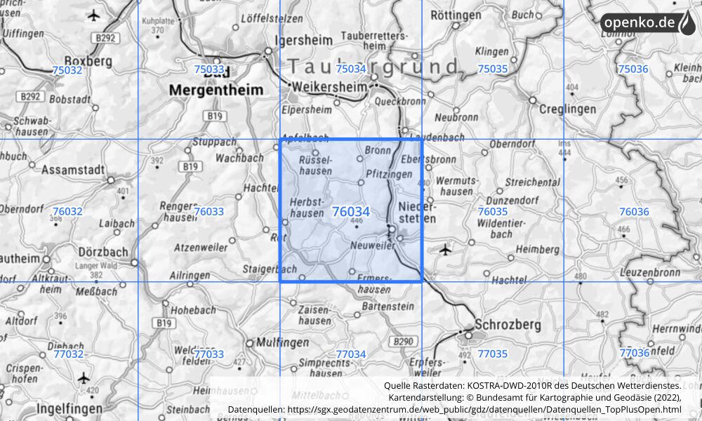 Übersichtskarte KOSTRA-DWD-2010R Rasterfeld Nr. 76034 mit angrenzenden Feldern