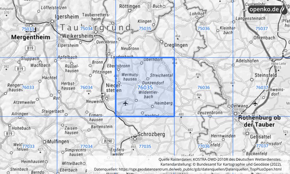 Übersichtskarte KOSTRA-DWD-2010R Rasterfeld Nr. 76035 mit angrenzenden Feldern