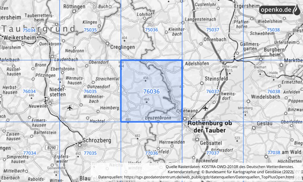 Übersichtskarte KOSTRA-DWD-2010R Rasterfeld Nr. 76036 mit angrenzenden Feldern