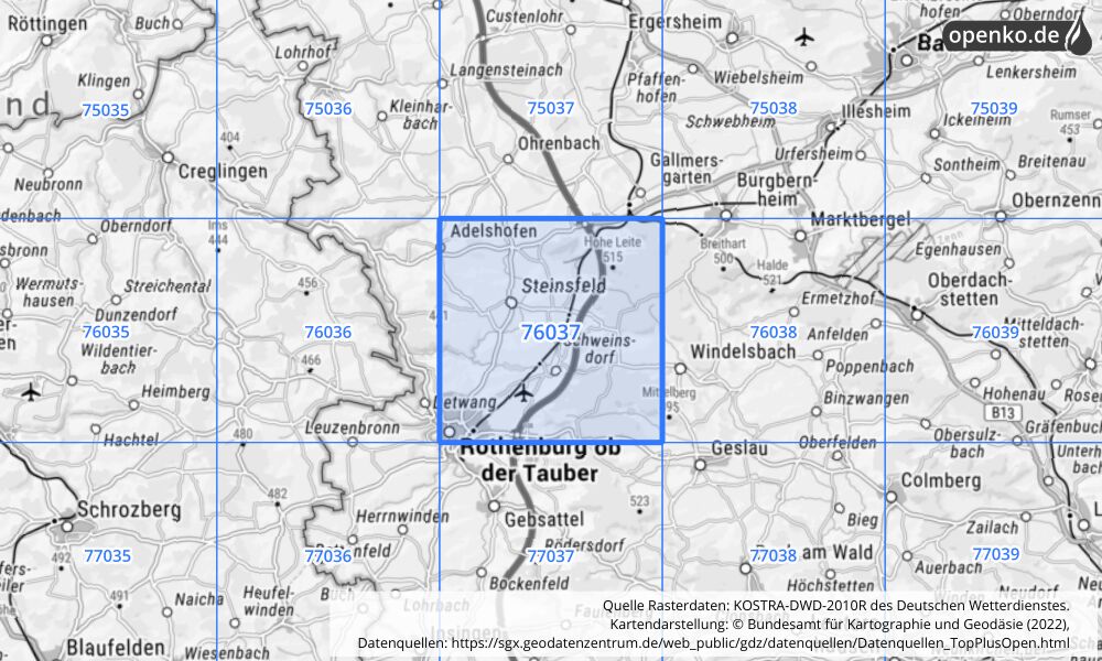 Übersichtskarte KOSTRA-DWD-2010R Rasterfeld Nr. 76037 mit angrenzenden Feldern