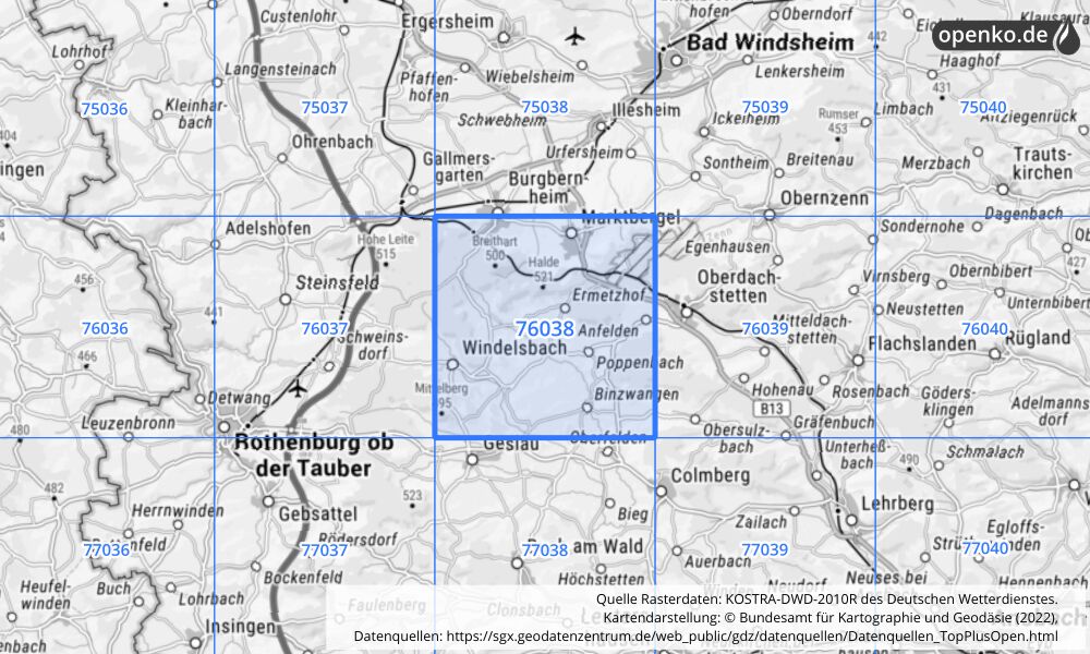 Übersichtskarte KOSTRA-DWD-2010R Rasterfeld Nr. 76038 mit angrenzenden Feldern