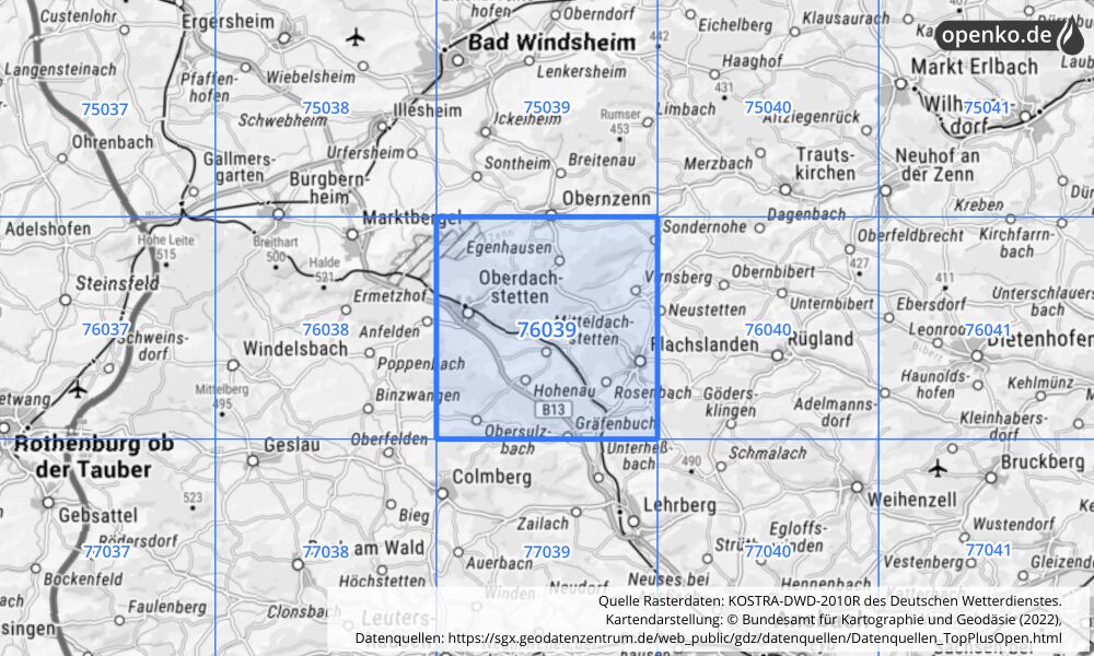 Übersichtskarte KOSTRA-DWD-2010R Rasterfeld Nr. 76039 mit angrenzenden Feldern