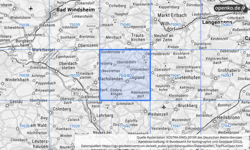 Übersichtskarte KOSTRA-DWD-2010R Rasterfeld Nr. 76040 mit angrenzenden Feldern