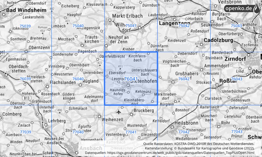 Übersichtskarte KOSTRA-DWD-2010R Rasterfeld Nr. 76041 mit angrenzenden Feldern