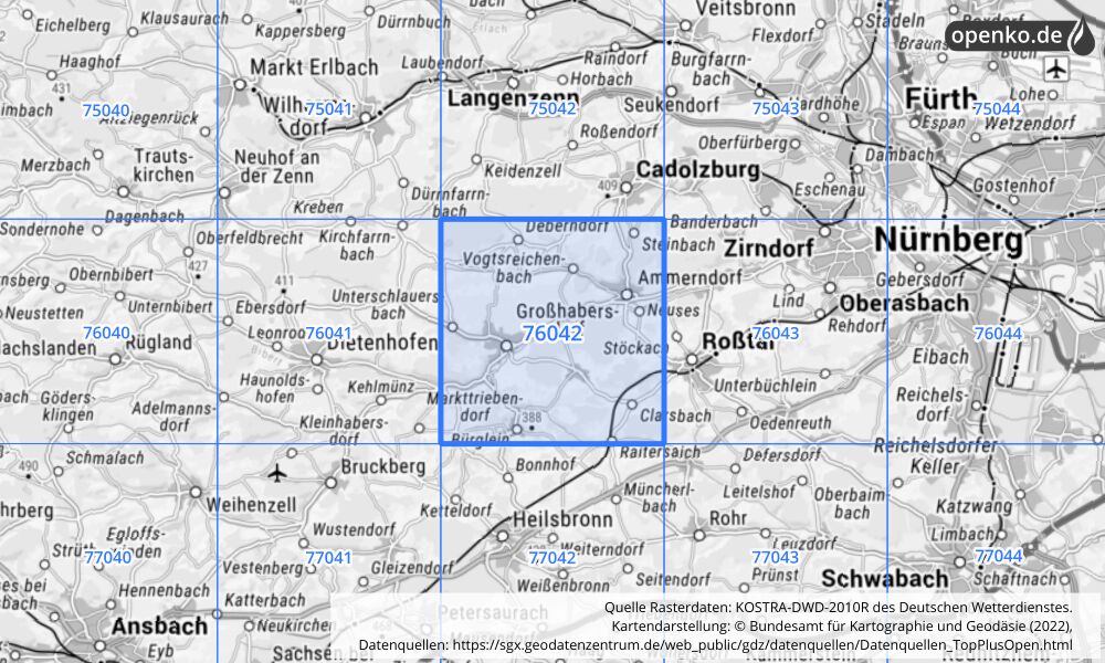 Übersichtskarte KOSTRA-DWD-2010R Rasterfeld Nr. 76042 mit angrenzenden Feldern