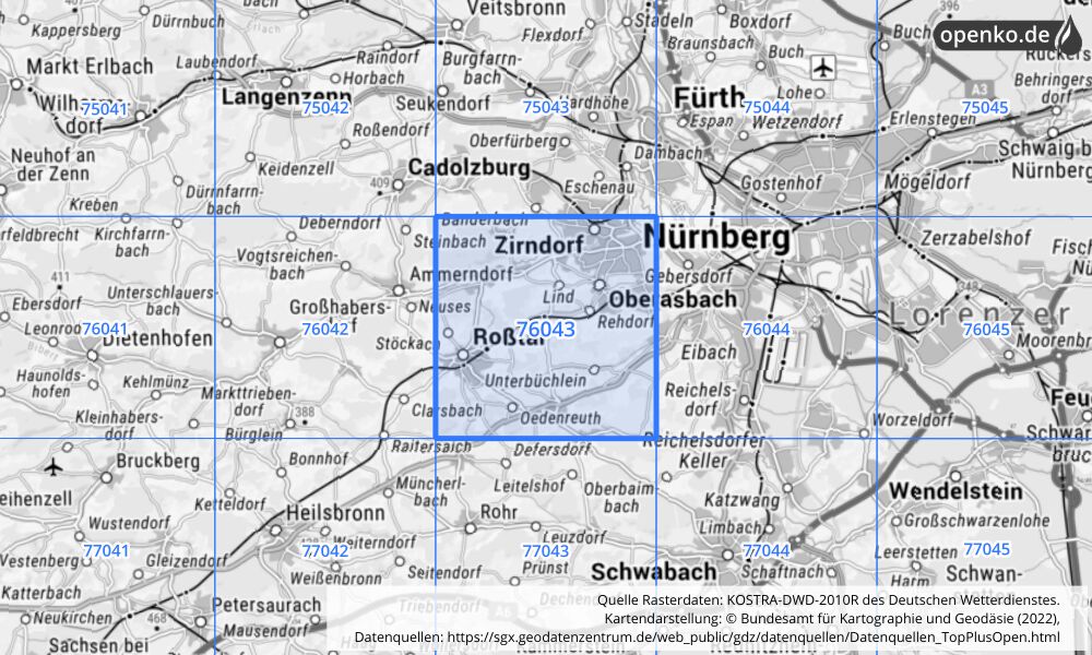 Übersichtskarte KOSTRA-DWD-2010R Rasterfeld Nr. 76043 mit angrenzenden Feldern