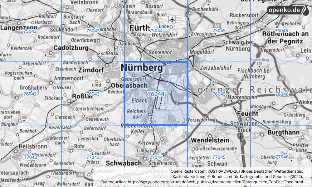 Übersichtskarte KOSTRA-DWD-2010R Rasterfeld Nr. 76044 mit angrenzenden Feldern