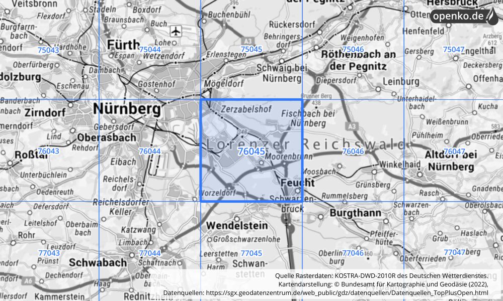 Übersichtskarte KOSTRA-DWD-2010R Rasterfeld Nr. 76045 mit angrenzenden Feldern