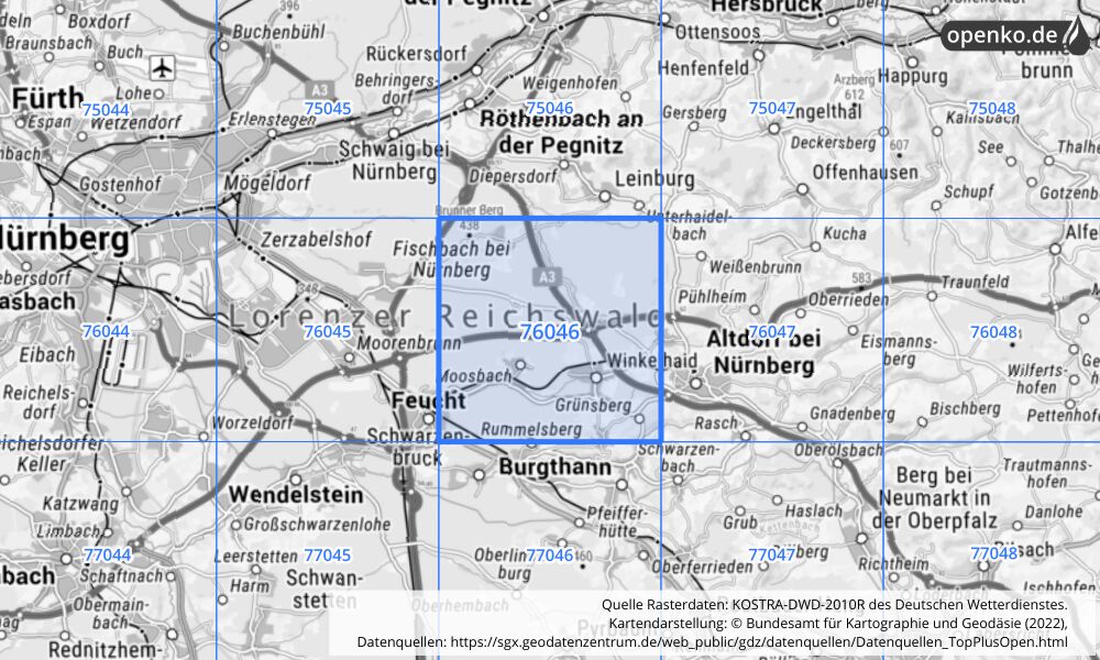 Übersichtskarte KOSTRA-DWD-2010R Rasterfeld Nr. 76046 mit angrenzenden Feldern