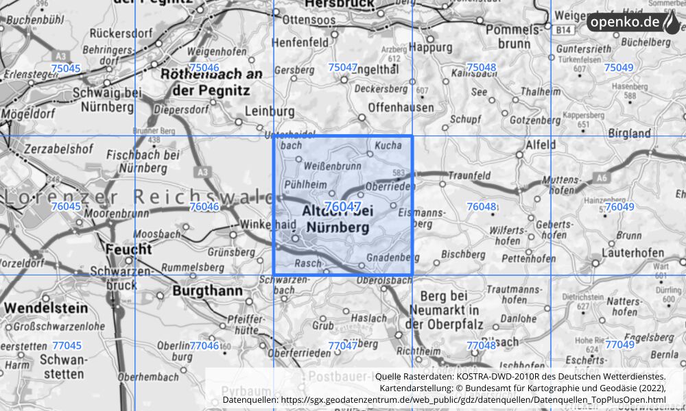 Übersichtskarte KOSTRA-DWD-2010R Rasterfeld Nr. 76047 mit angrenzenden Feldern