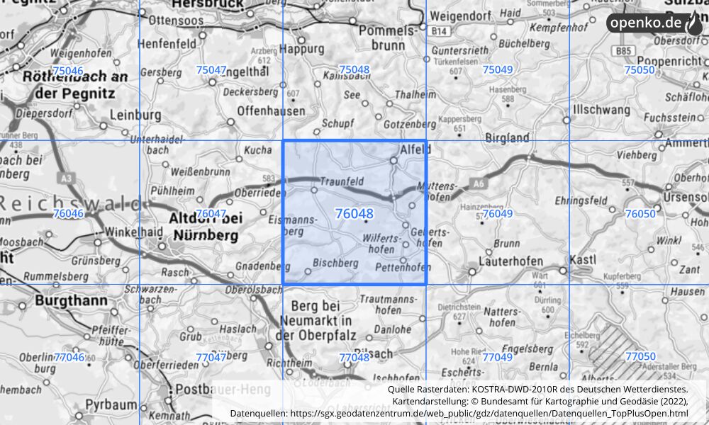 Übersichtskarte KOSTRA-DWD-2010R Rasterfeld Nr. 76048 mit angrenzenden Feldern