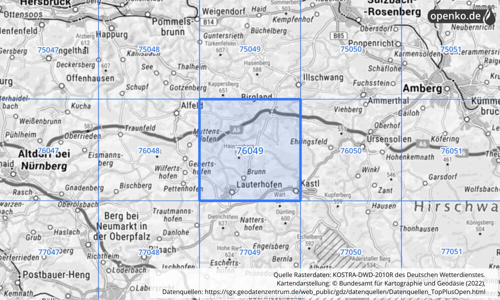 Übersichtskarte KOSTRA-DWD-2010R Rasterfeld Nr. 76049 mit angrenzenden Feldern