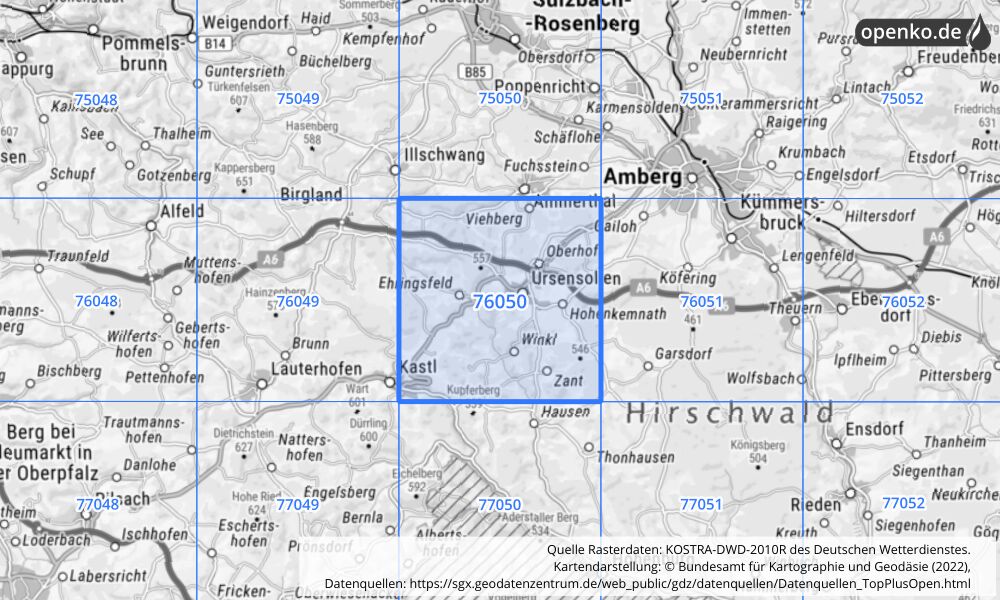 Übersichtskarte KOSTRA-DWD-2010R Rasterfeld Nr. 76050 mit angrenzenden Feldern