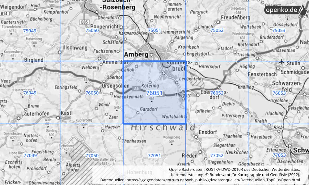 Übersichtskarte KOSTRA-DWD-2010R Rasterfeld Nr. 76051 mit angrenzenden Feldern