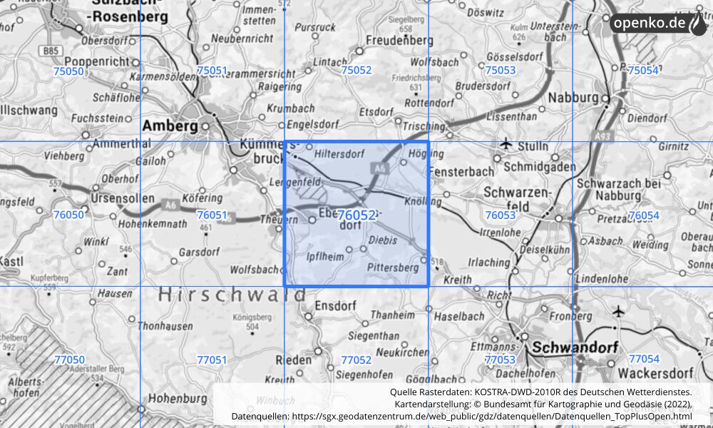 Übersichtskarte KOSTRA-DWD-2010R Rasterfeld Nr. 76052 mit angrenzenden Feldern