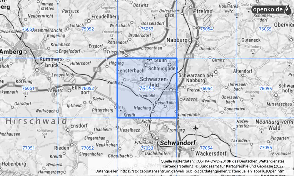 Übersichtskarte KOSTRA-DWD-2010R Rasterfeld Nr. 76053 mit angrenzenden Feldern