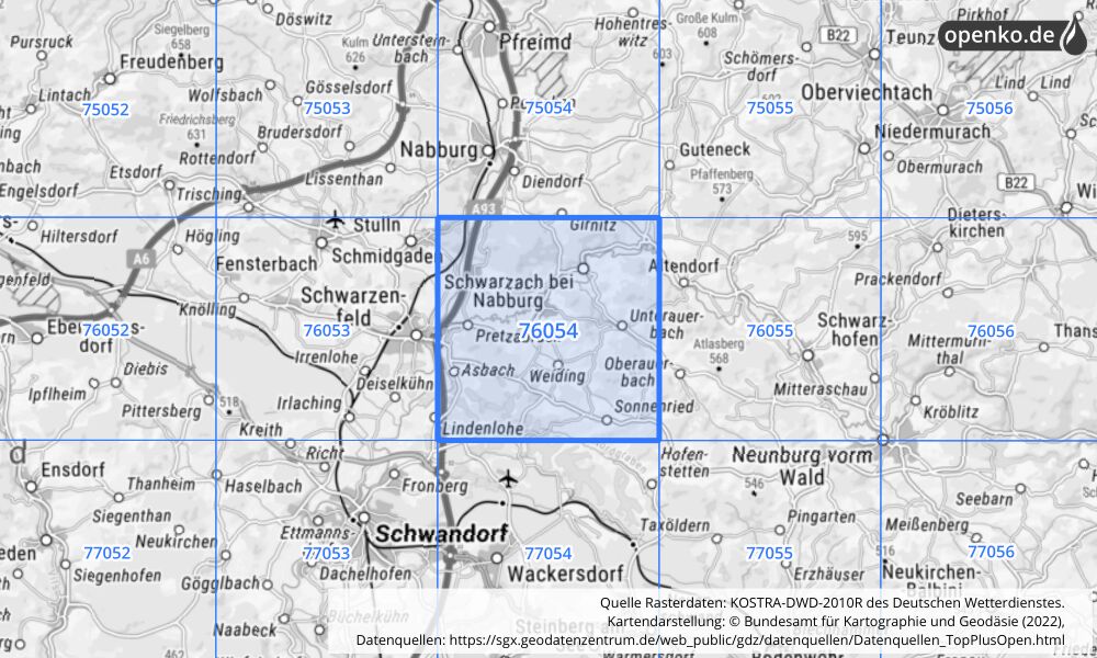 Übersichtskarte KOSTRA-DWD-2010R Rasterfeld Nr. 76054 mit angrenzenden Feldern