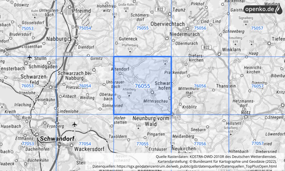 Übersichtskarte KOSTRA-DWD-2010R Rasterfeld Nr. 76055 mit angrenzenden Feldern