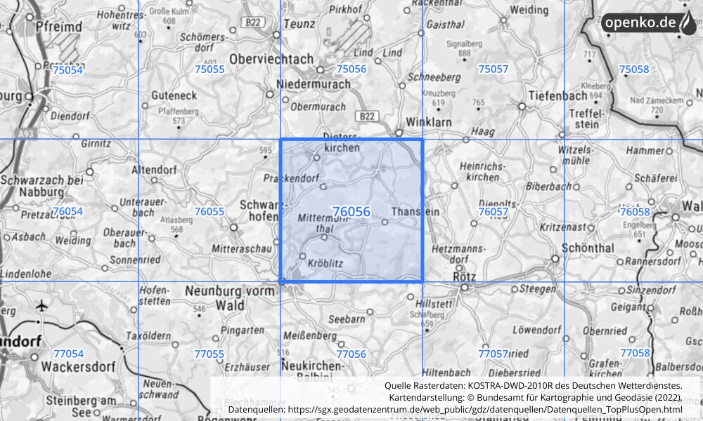 Übersichtskarte KOSTRA-DWD-2010R Rasterfeld Nr. 76056 mit angrenzenden Feldern