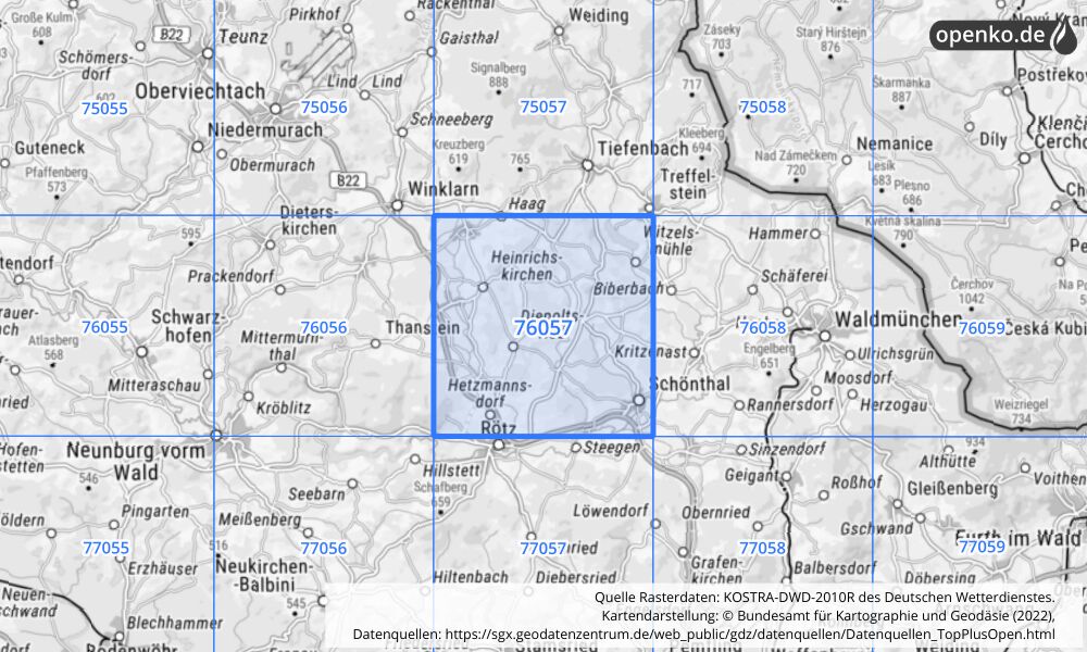 Übersichtskarte KOSTRA-DWD-2010R Rasterfeld Nr. 76057 mit angrenzenden Feldern