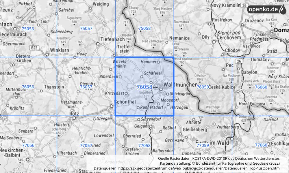 Übersichtskarte KOSTRA-DWD-2010R Rasterfeld Nr. 76058 mit angrenzenden Feldern