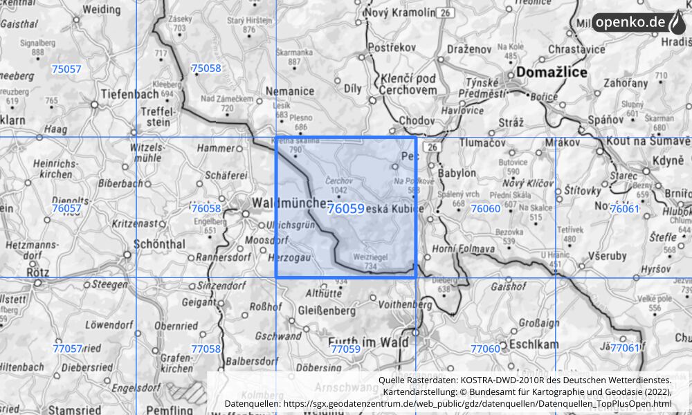 Übersichtskarte KOSTRA-DWD-2010R Rasterfeld Nr. 76059 mit angrenzenden Feldern