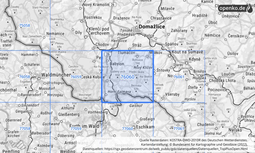 Übersichtskarte KOSTRA-DWD-2010R Rasterfeld Nr. 76060 mit angrenzenden Feldern