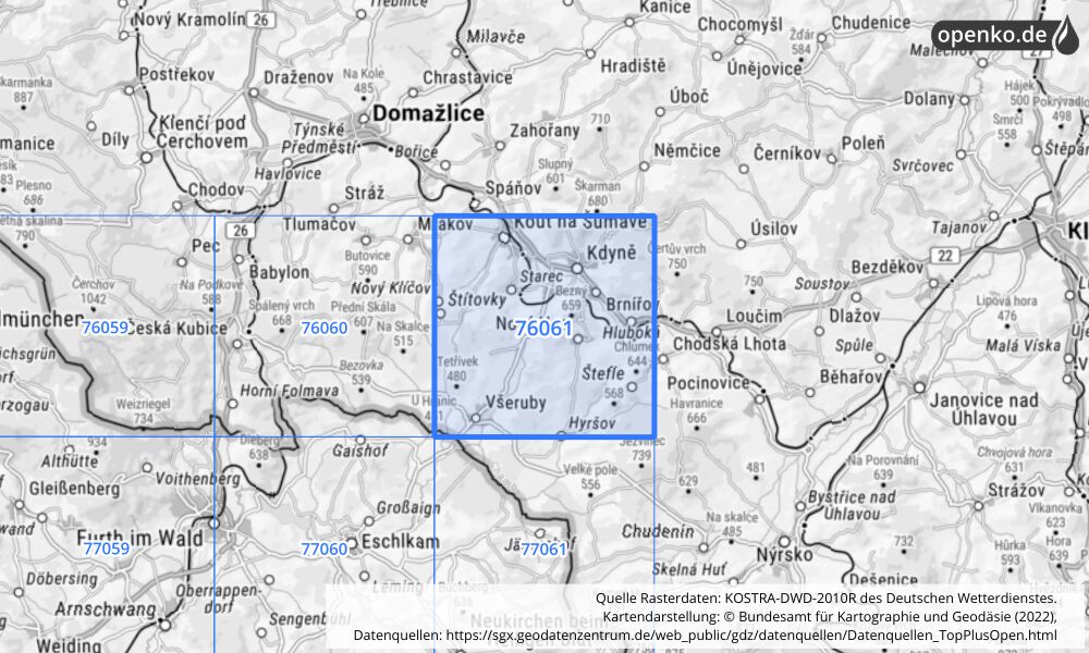 Übersichtskarte KOSTRA-DWD-2010R Rasterfeld Nr. 76061 mit angrenzenden Feldern